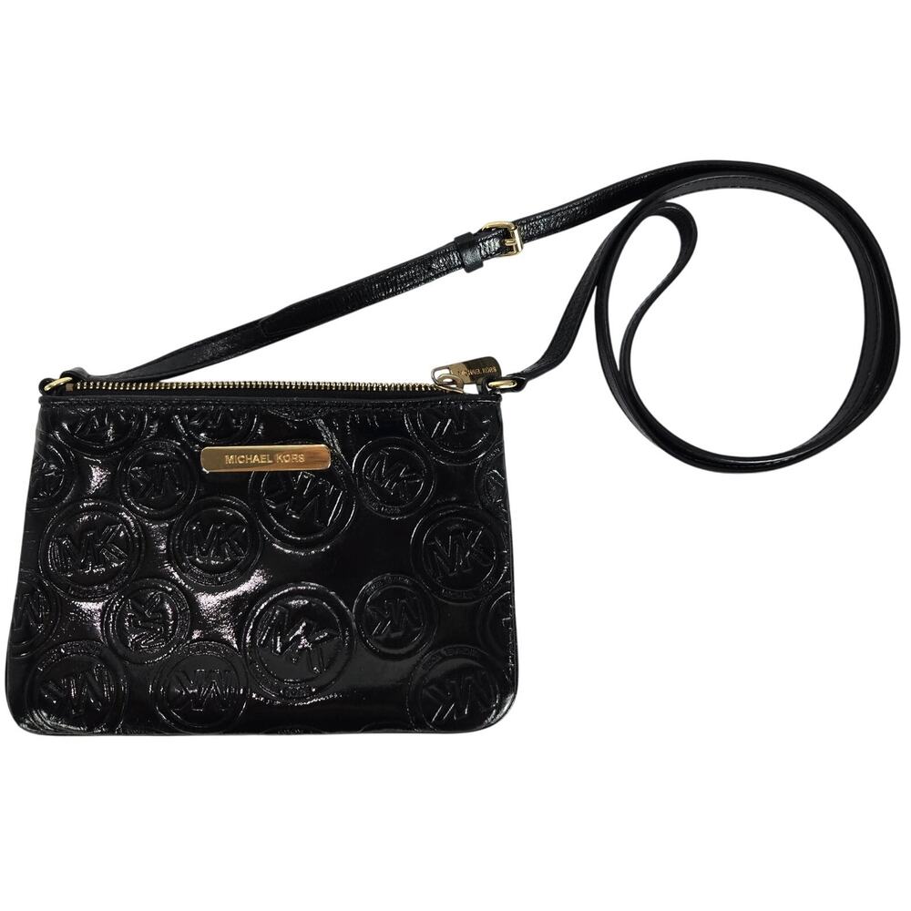 Michael Kors‎ Black Patent Leather Monogram Embossed Cross Body Purse #852